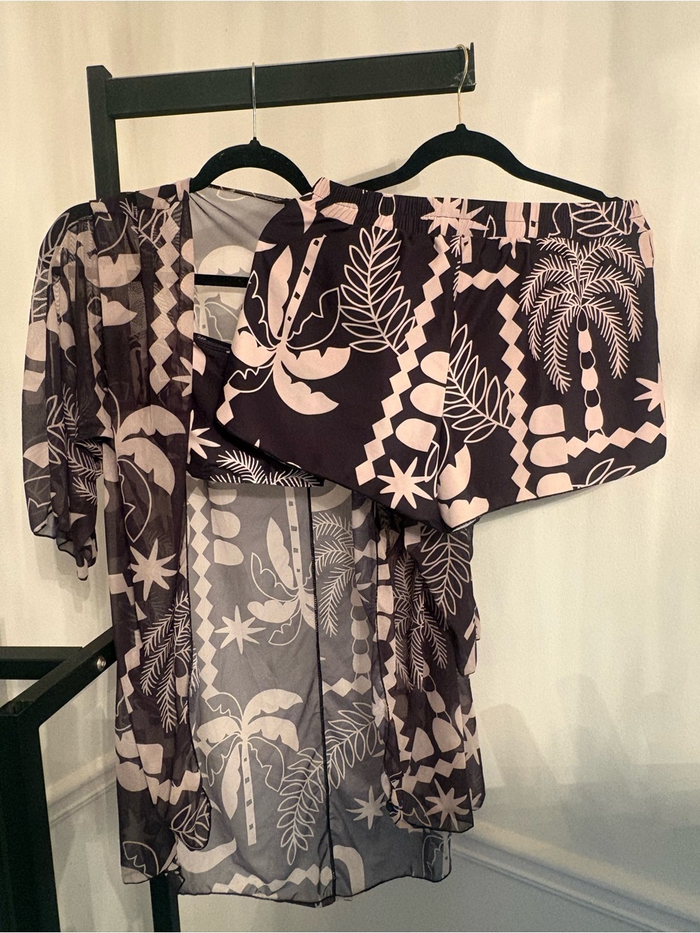 Sheer Tropical Print Kimono and Shorts Set  bathing suit set - Black & Cream NWT